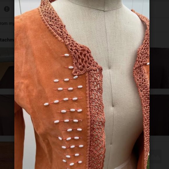 Orange Suede Leather Beaded Embroidered Jacket, S - Picture 5 of 8